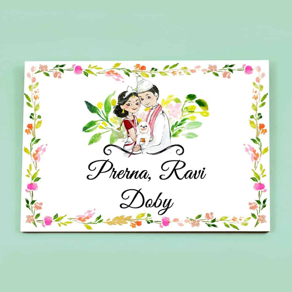 Handpainted Customized Name plate - Bangali Couple with Pet Name Plate - rangreli