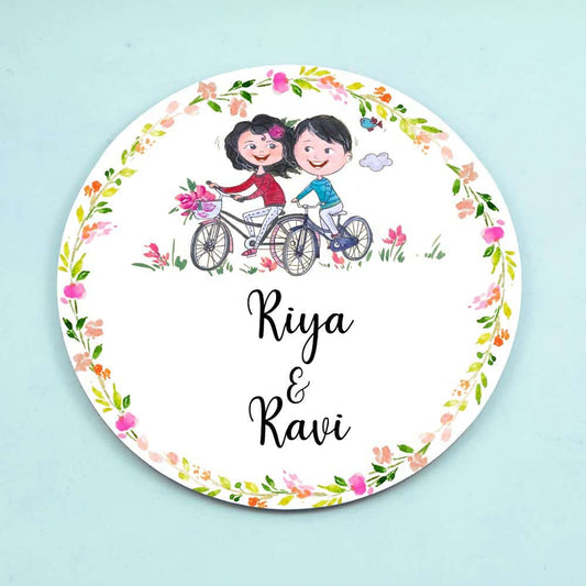 Handpainted Customized Name Plate - Couple on cycle Name Plate - rangreli