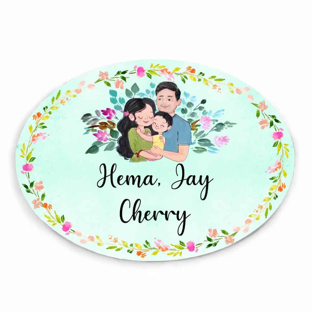 Handpainted Customized Name plate -Couple with Baby Boy Name Plate - rangreli