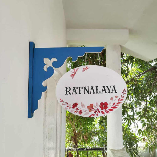 Handpainted Hanging Name plate - Navy Oval White Red Flowers - rangreli