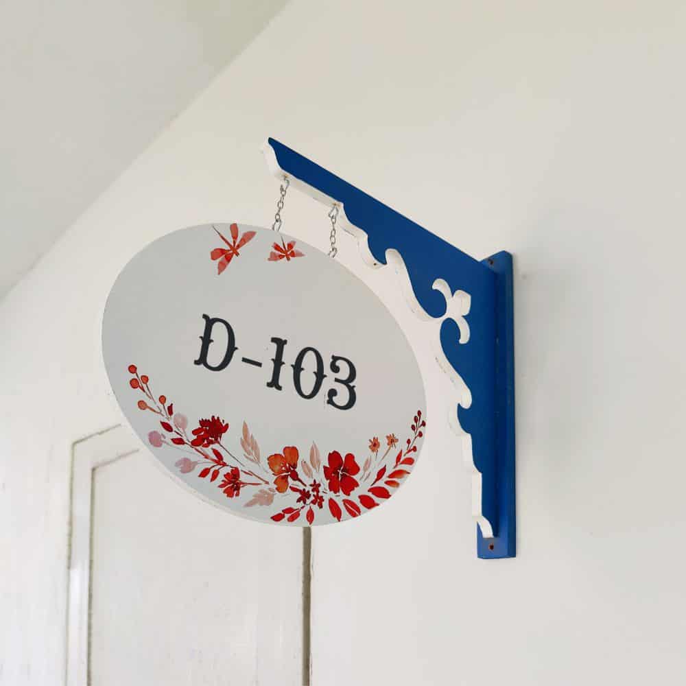 Handpainted Hanging Name plate - Navy Oval White Red Flowers - rangreli