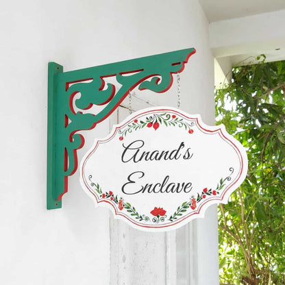 Handpainted Hanging Name plate - Green Victorian White Red Border - rangreli