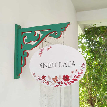 Handpainted Hanging Name plate - Green Oval White Red Flowers - rangreli