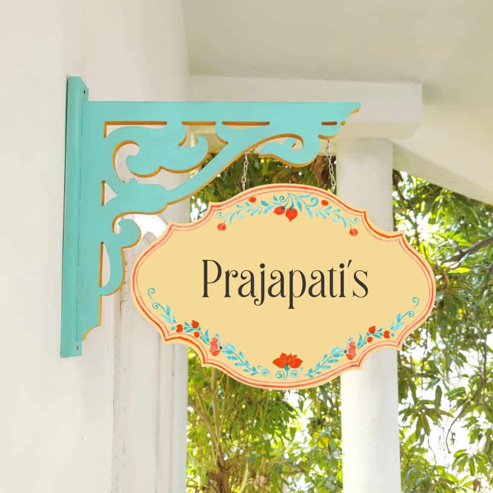 Handpainted Hanging Name plate -Teal Victorian Yellow Red Border - rangreli