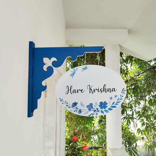 Handpainted Hanging Name plate - Navy Oval White Blue Flowers - rangreli