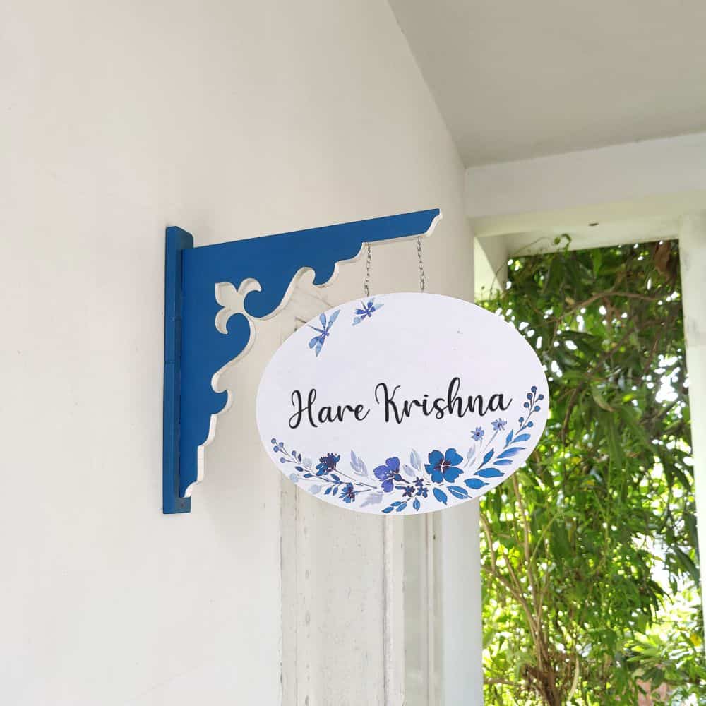 Handpainted Hanging Name plate - Navy Oval White Blue Flowers - rangreli