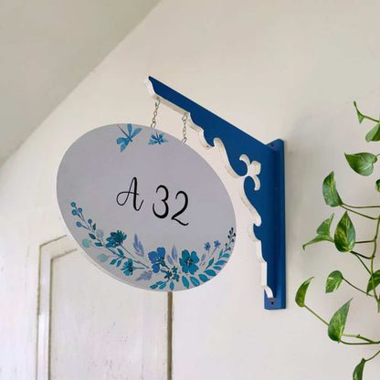 Handpainted Hanging Name plate - Navy Oval White Blue Flowers - rangreli