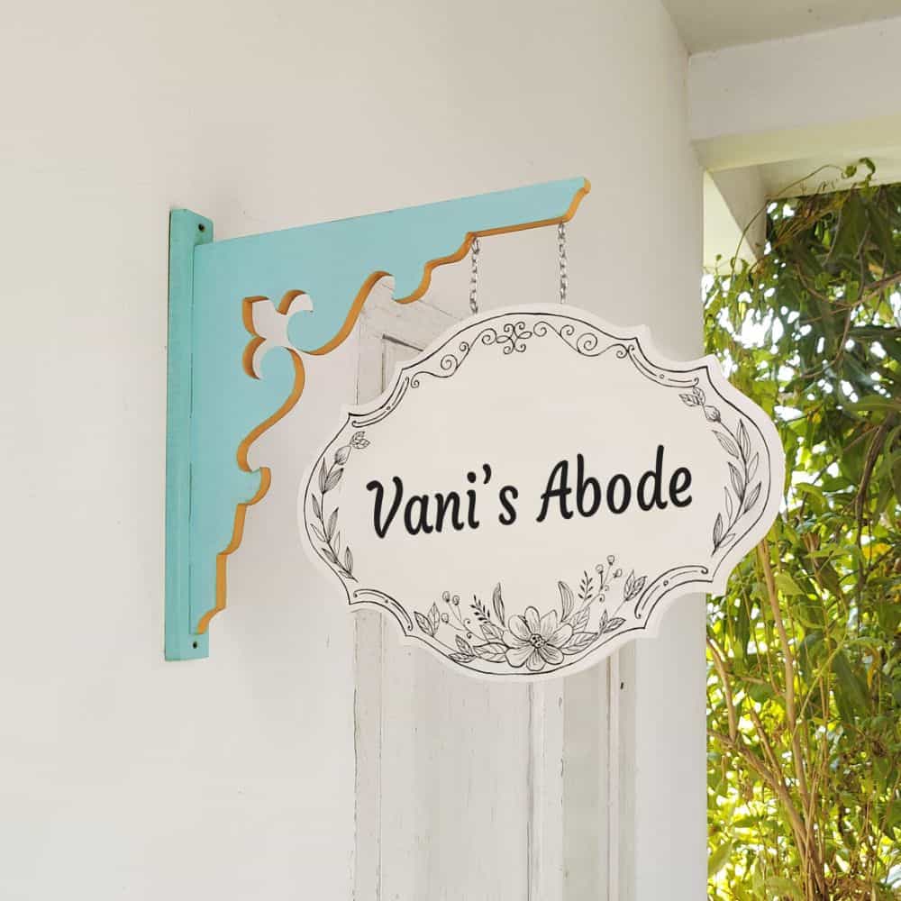 Handpainted Hanging Name plate - Teal Victorian Ivory Black Border - rangreli