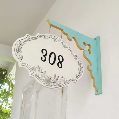 Handpainted Hanging Name plate - Teal Victorian Ivory Black Border - rangreli