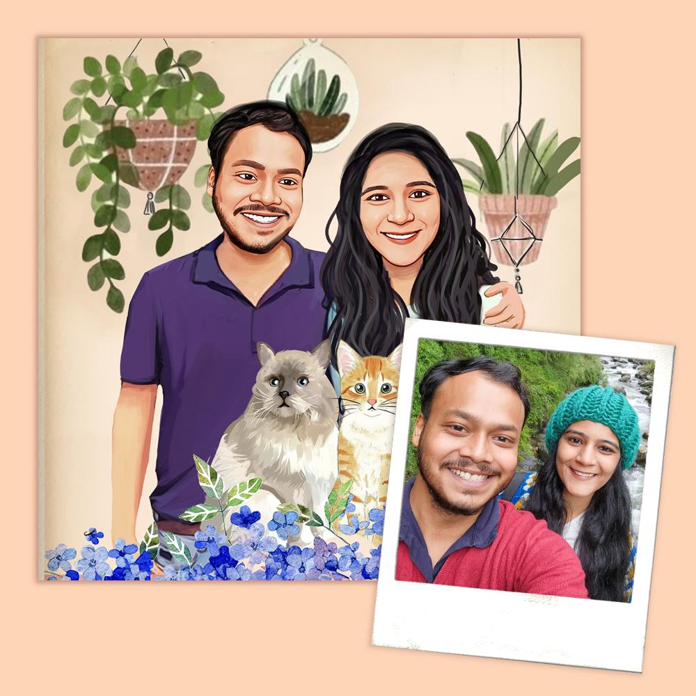 Rectangle Photo based Family Illustration Portrait - Family with Pet - rangreli