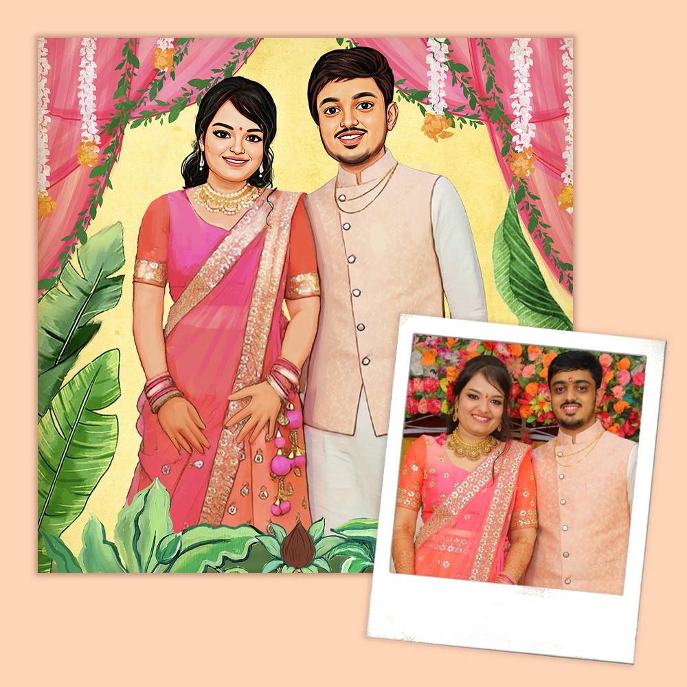 Rectangle Photo based Family Illustration Portrait - Wedding Couple - rangreli