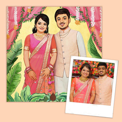 Rectangle Photo based Family Illustration Portrait - Wedding Couple - rangreli