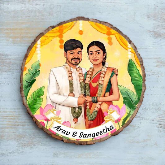 Handpainted Personalized Illustration Bark Nameplate - Wedding Couple - rangreli