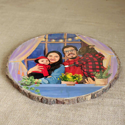Handpainted Personalized Illustration Bark Nameplate - Family in Balcony - rangreli