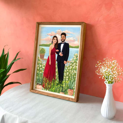Rectangle Photo based Family Illustration Portrait - Handsome Couple By the Lake - rangreli
