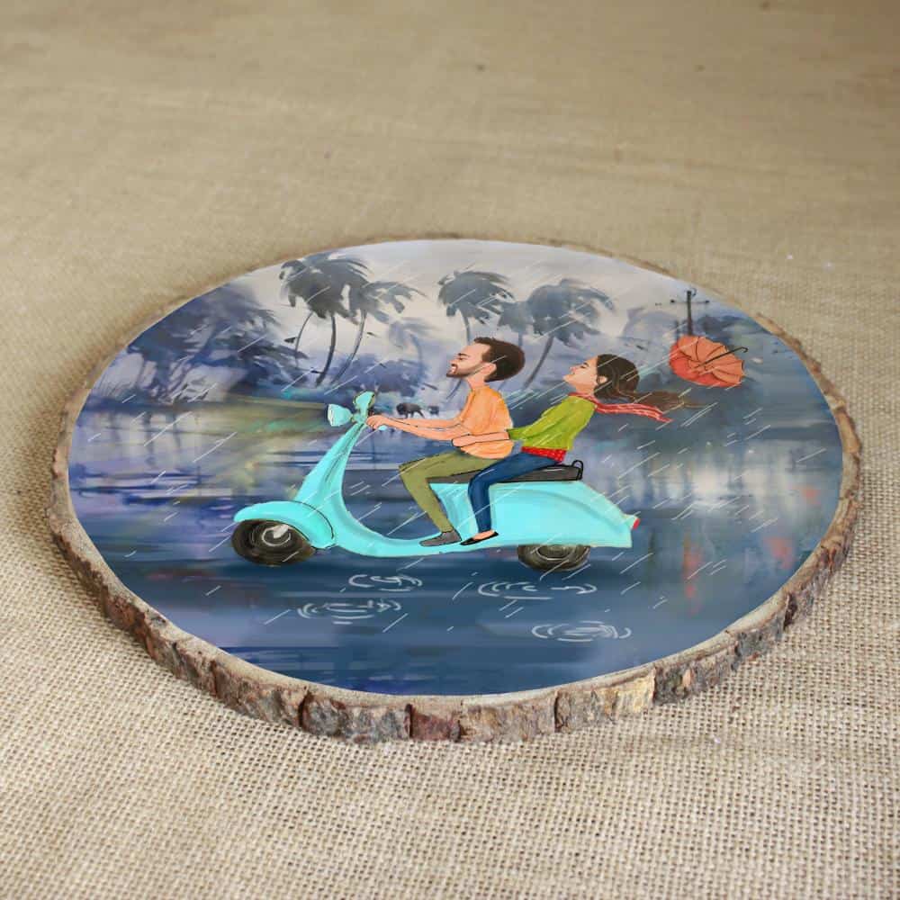 Handpainted Personalized Illustration Bark Nameplate - Couple in Rain - rangreli