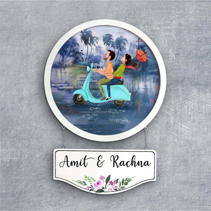 Handpainted Personalized Character Nameplate Couple in Rain- Full frame - rangreli