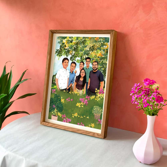 Rectangle Photo based Family Illustration Portrait - Family in the Garden