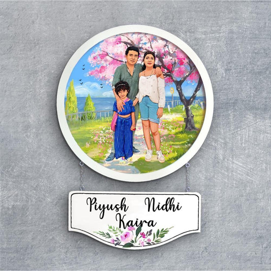 Handpainted Personalized Character Family on Holiday Nameplate - Full frame - rangreli