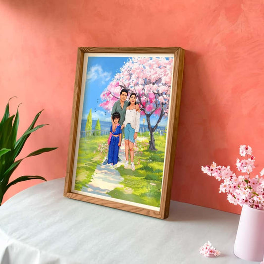 Rectangle Photo based Family Illustration Portrait -  Family under Cherry Blossom - rangreli