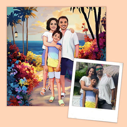 Rectangle Photo based Family Illustration Portrait - Family Beach Vibes - rangreli