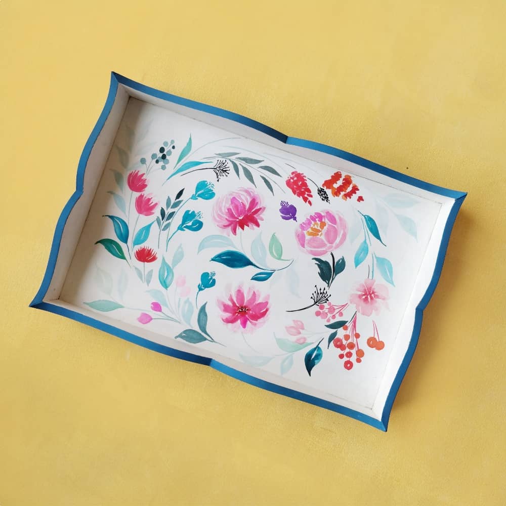 Serenity Blooms - Handcrafted Rectangle Serving Tray - rangreli
