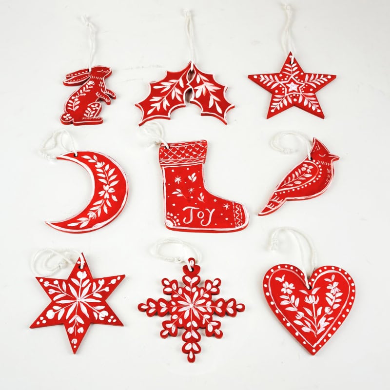 Nordic Noel – Red Folk Art Ornament Set