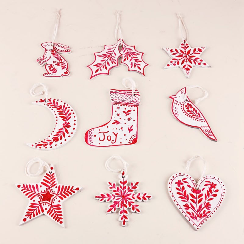 Snowy Nordic – White Folk Art Ornament Set