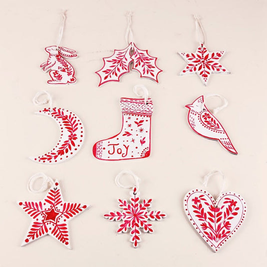 Snowy Nordic – White Folk Art Ornament Set