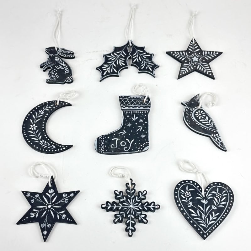 Midnight Nordic – Black Folk Art Ornament Set
