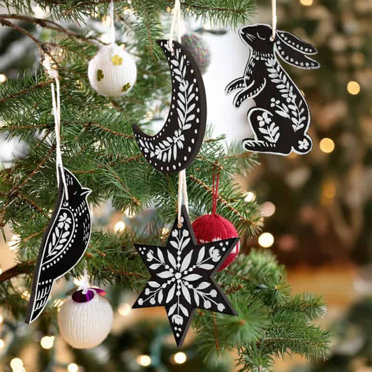 Midnight Nordic – Black Folk Art Ornament Set