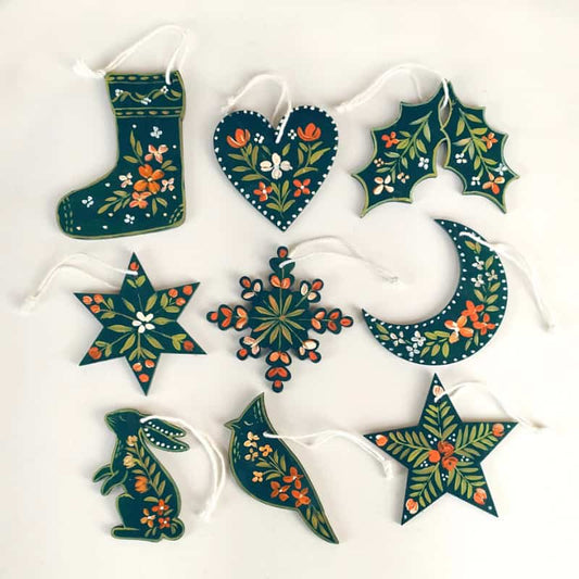Nordic Noel – Green Folk Art Ornament Set