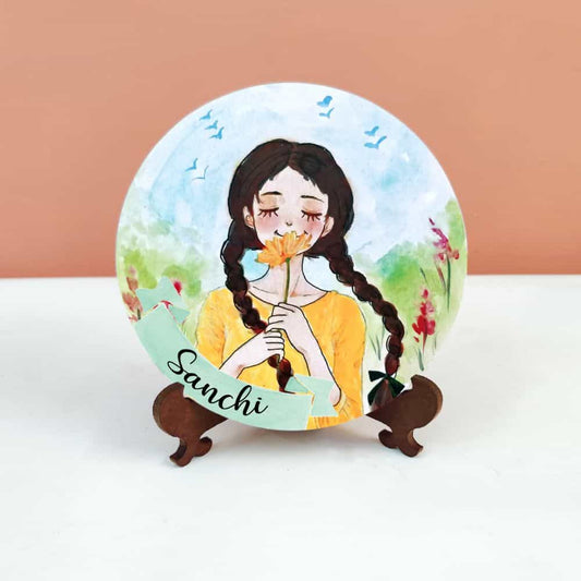 Handpainted Character Table Art - Flower Smelling Girl - rangreli