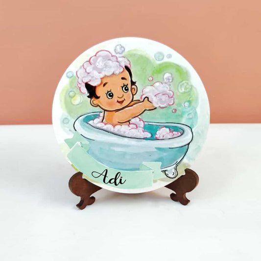 Handpainted Character Table Art - Bathing Baby - rangreli