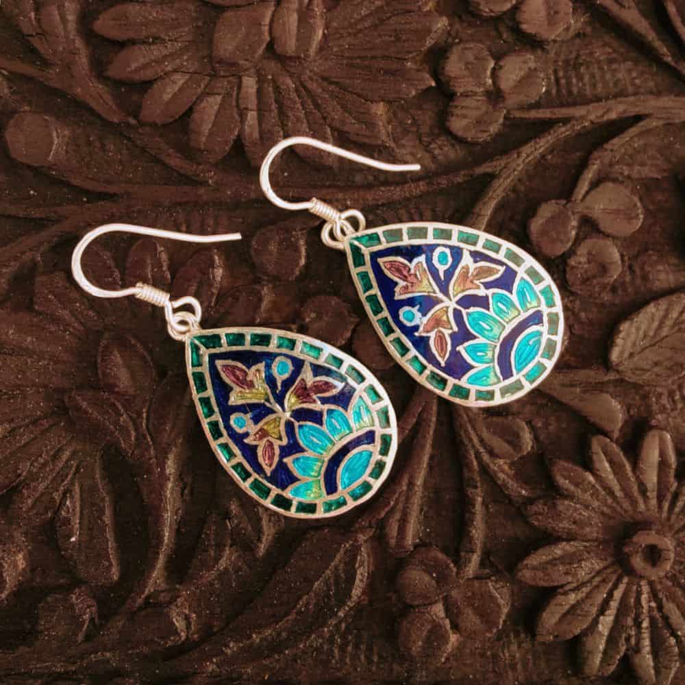 Silver Meenakari Earrings - Floral - rangreli