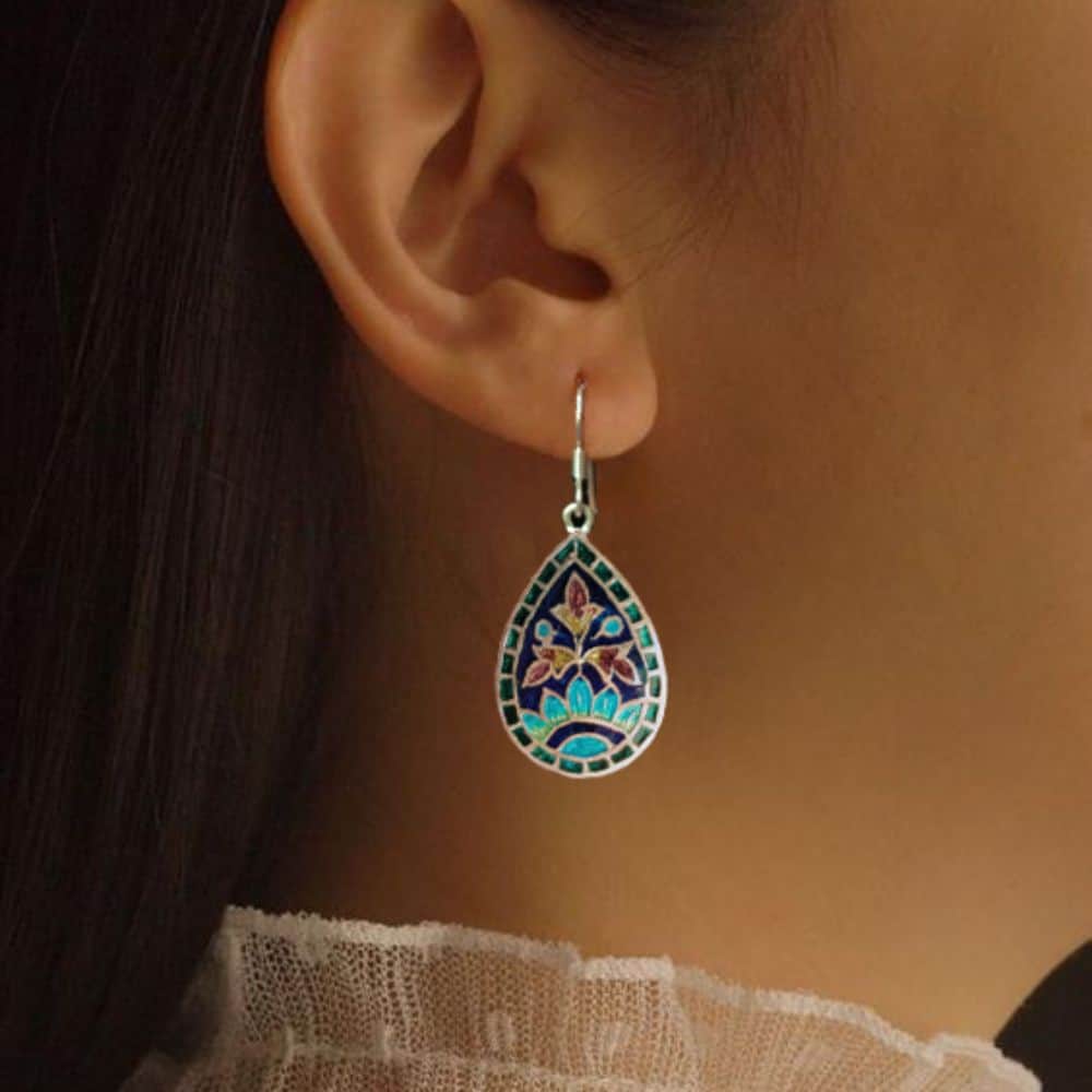 Silver Meenakari Earrings - Floral - rangreli