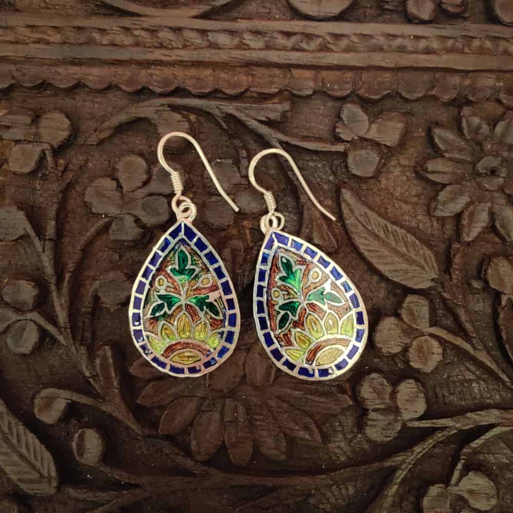 Silver Meenakari Earrings - Floral - rangreli