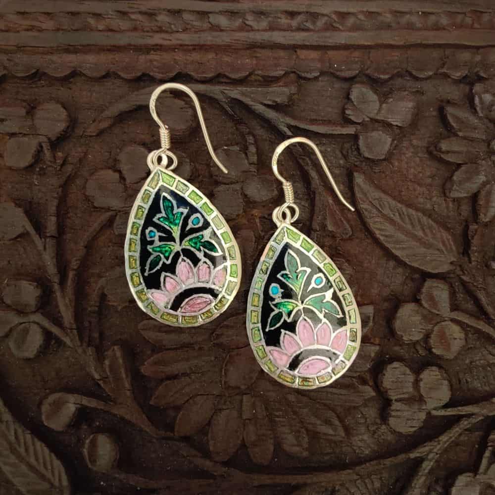 Silver Meenakari Earrings - Floral - rangreli