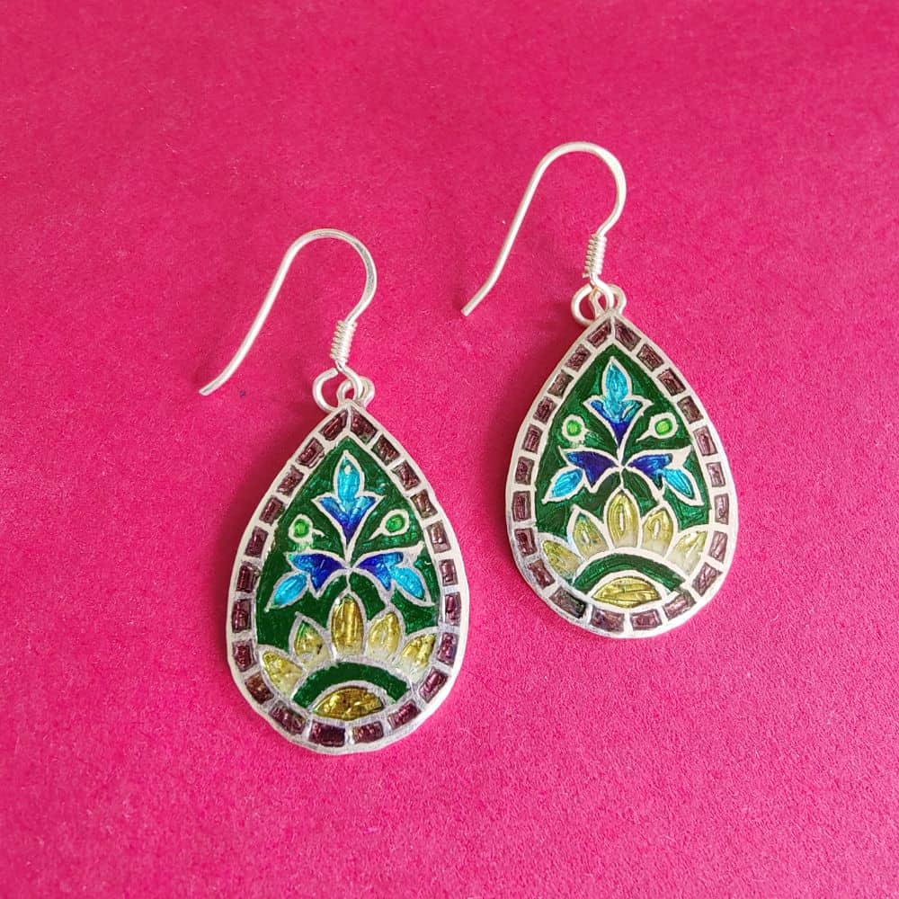 Silver Meenakari Earrings - Floral - rangreli