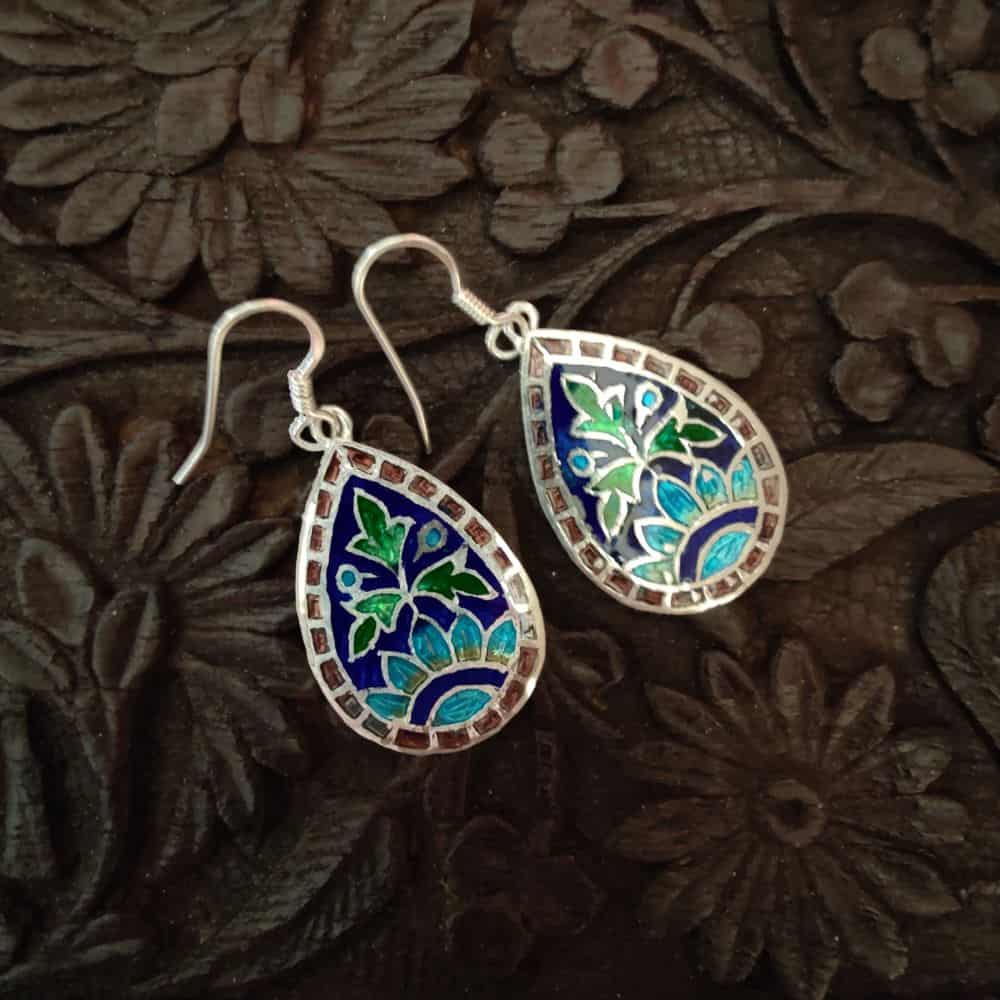 Silver Meenakari Earrings - Floral - rangreli