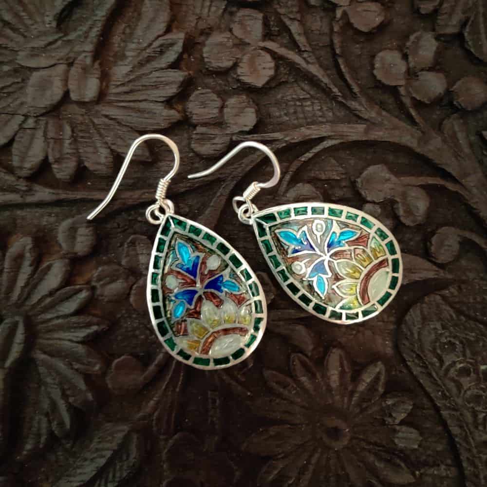 Silver Meenakari Earrings - Floral - rangreli