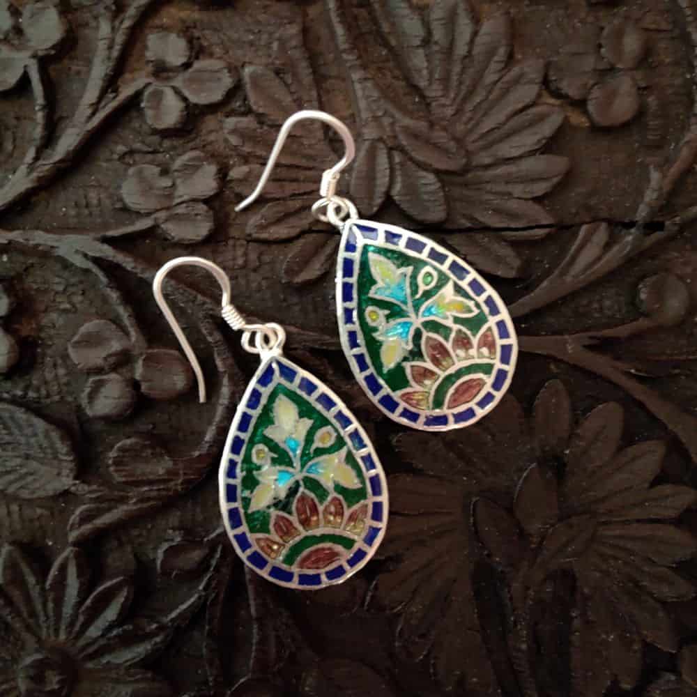 Silver Meenakari Earrings - Floral - rangreli