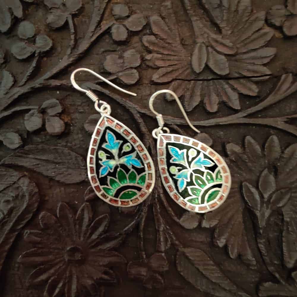 Silver Meenakari Earrings - Floral - rangreli