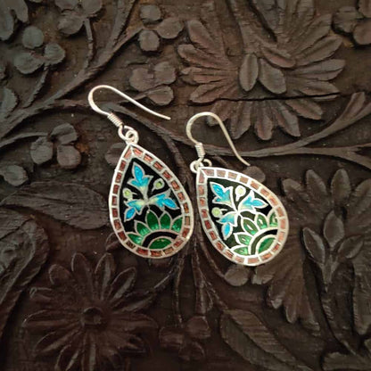Silver Meenakari Earrings - Floral - rangreli