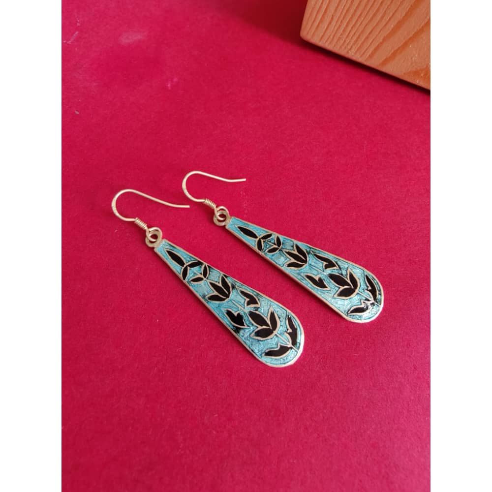Silver Meenakari Earrings - Teal Carvings - rangreli
