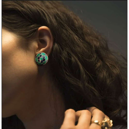 Silver Meenakari Round Studs -Flowers - rangreli