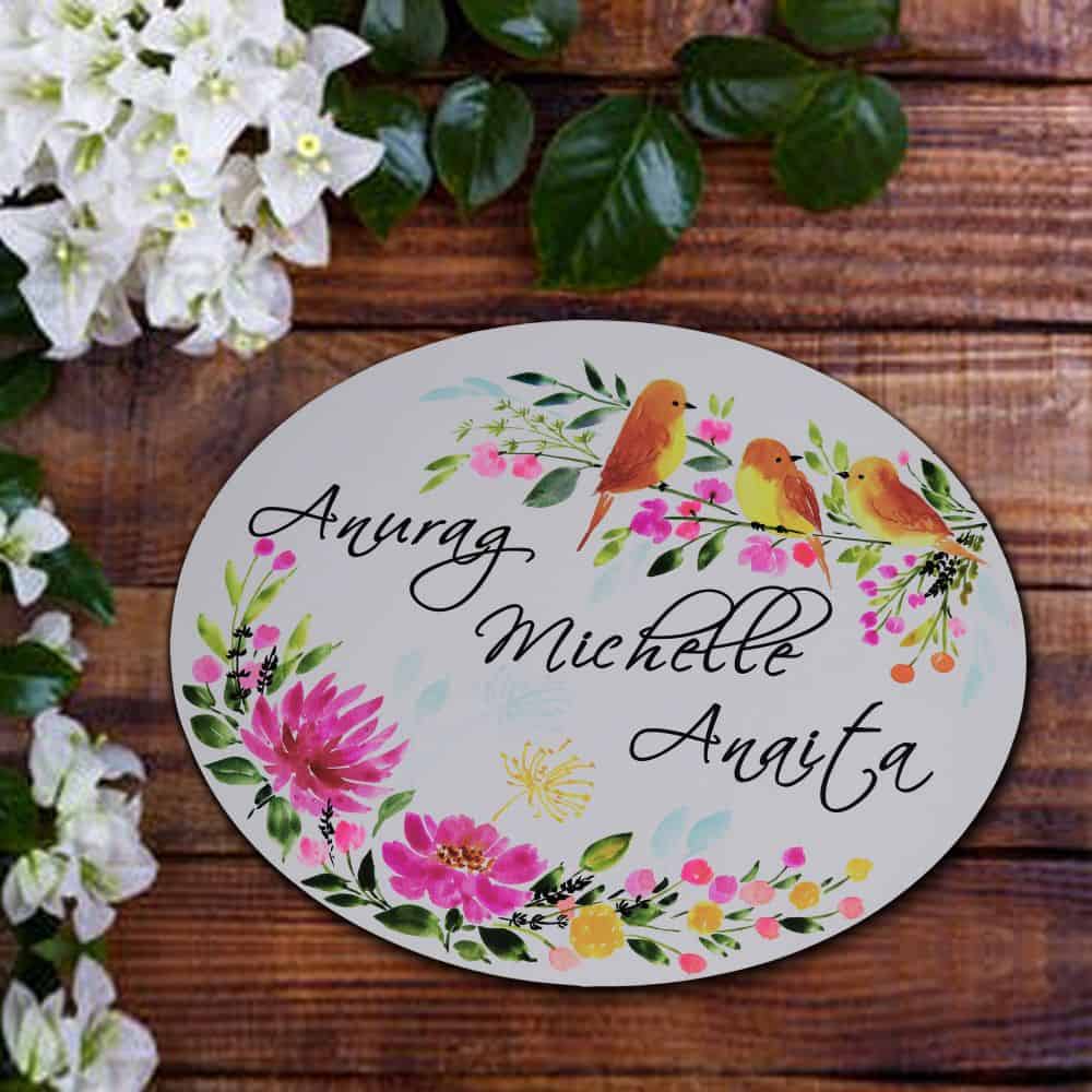 Handpainted Customized Name Plate - Perching Birds Floral - rangreli