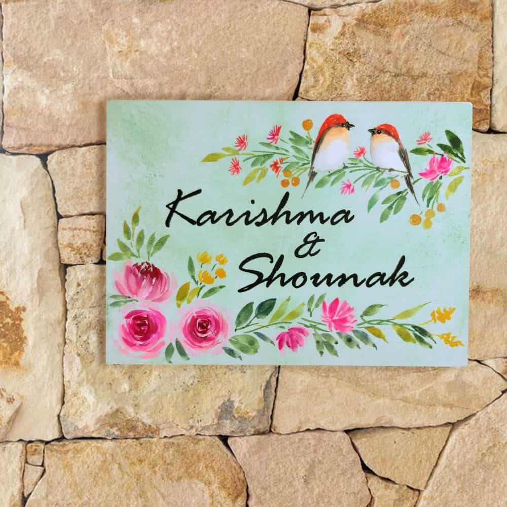 Handpainted Customized Name Plate - Two Perching Birds Floral - rangreli