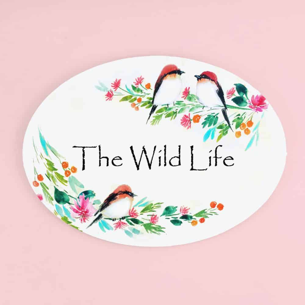 Customized Name Plate - Three Perching Birds Floral - rangreliart