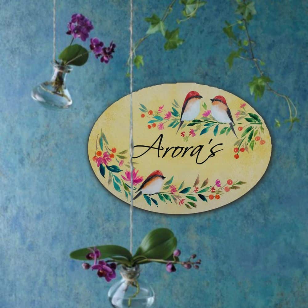 Handpainted Customized Name Plate - Three Perching Birds Floral